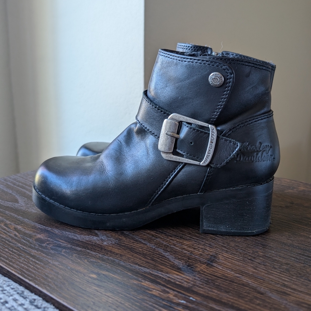 Harley-Davidson Black Leather Side Zip Motorcycle Moto Heeled Boots